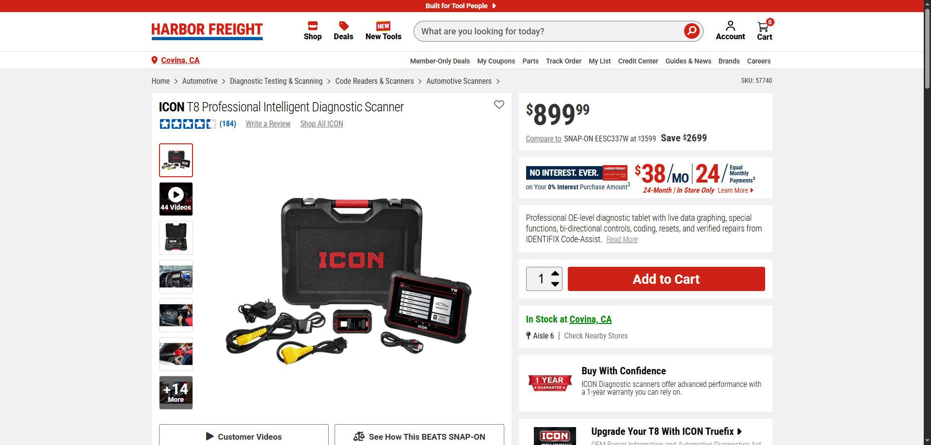 Product detail page with a large scanner image, media thumbnails, and a customer videos entry point.