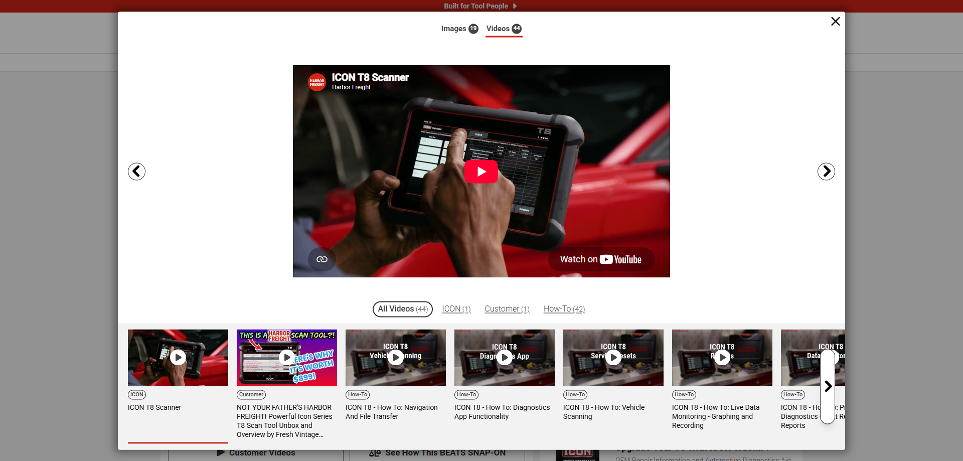 Video viewer with All Videos selected, a scanner overview video, category filters, and video thumbnails.