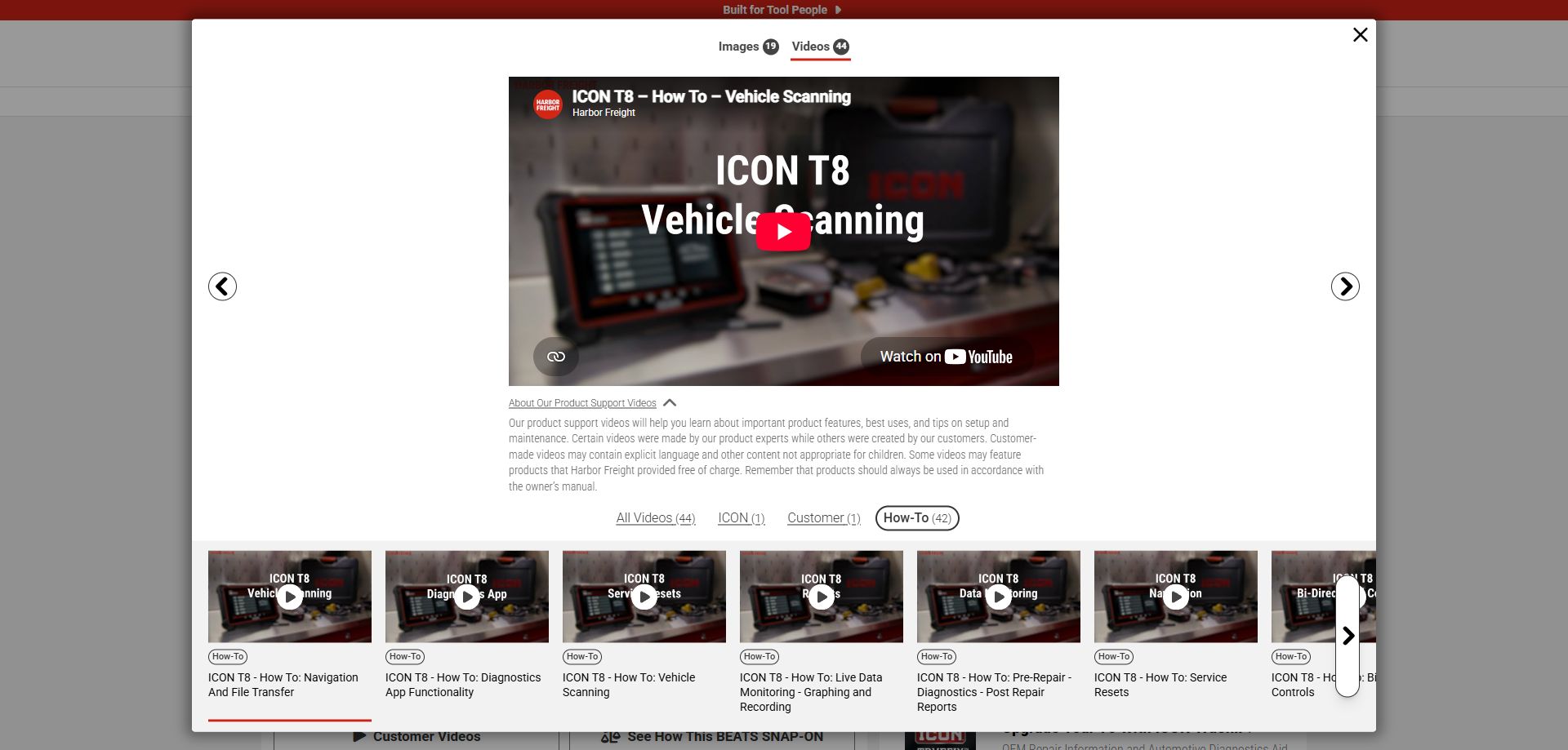Video viewer with How-To selected, a vehicle scanning video, expanded support information, and video thumbnails.