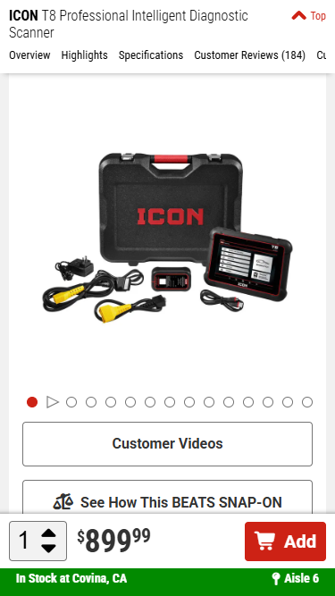 Mobile product gallery with image indicators, a video indicator, and a Customer Videos button.