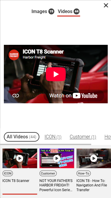 Mobile video viewer with All Videos selected, a scanner overview video, category filters, and thumbnails.