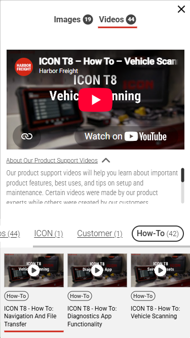 Mobile video viewer with How-To selected, a vehicle scanning video, scrollable support information, and thumbnails.