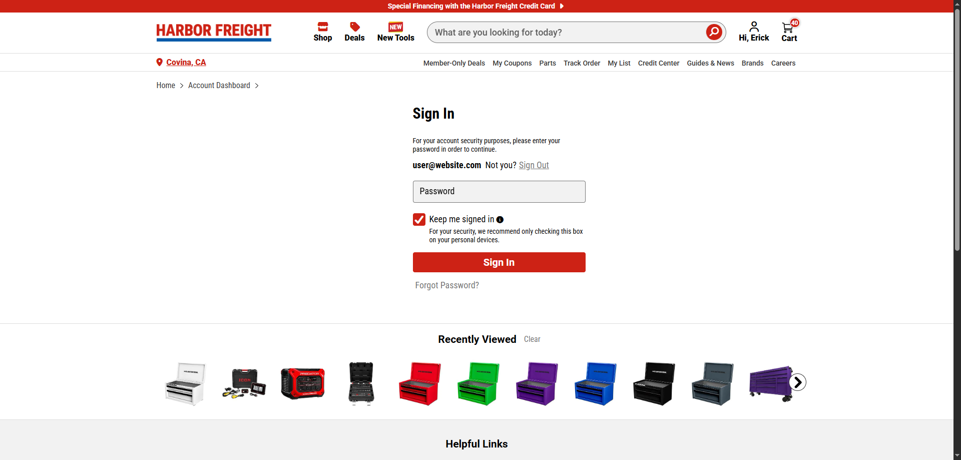 Returning-account sign-in page requesting a password to continue, with Sign Out and Keep me signed in controls.