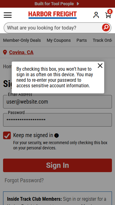 Mobile sign-in form with the Keep me signed in explanation open in an overlay with a close control.