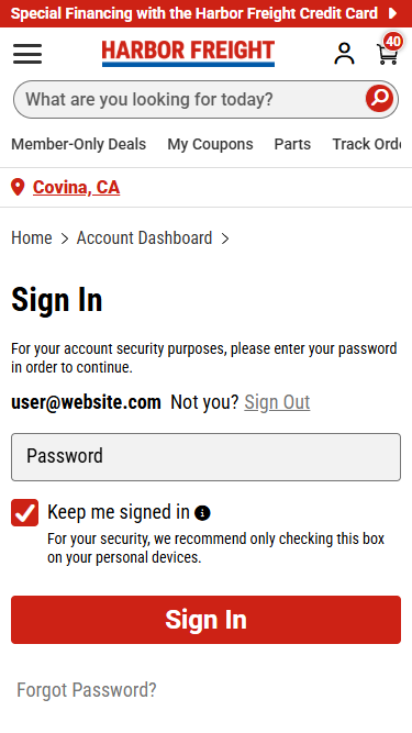 Mobile returning-account form requesting a password to continue, with Sign Out, Keep me signed in, and Sign In controls.
