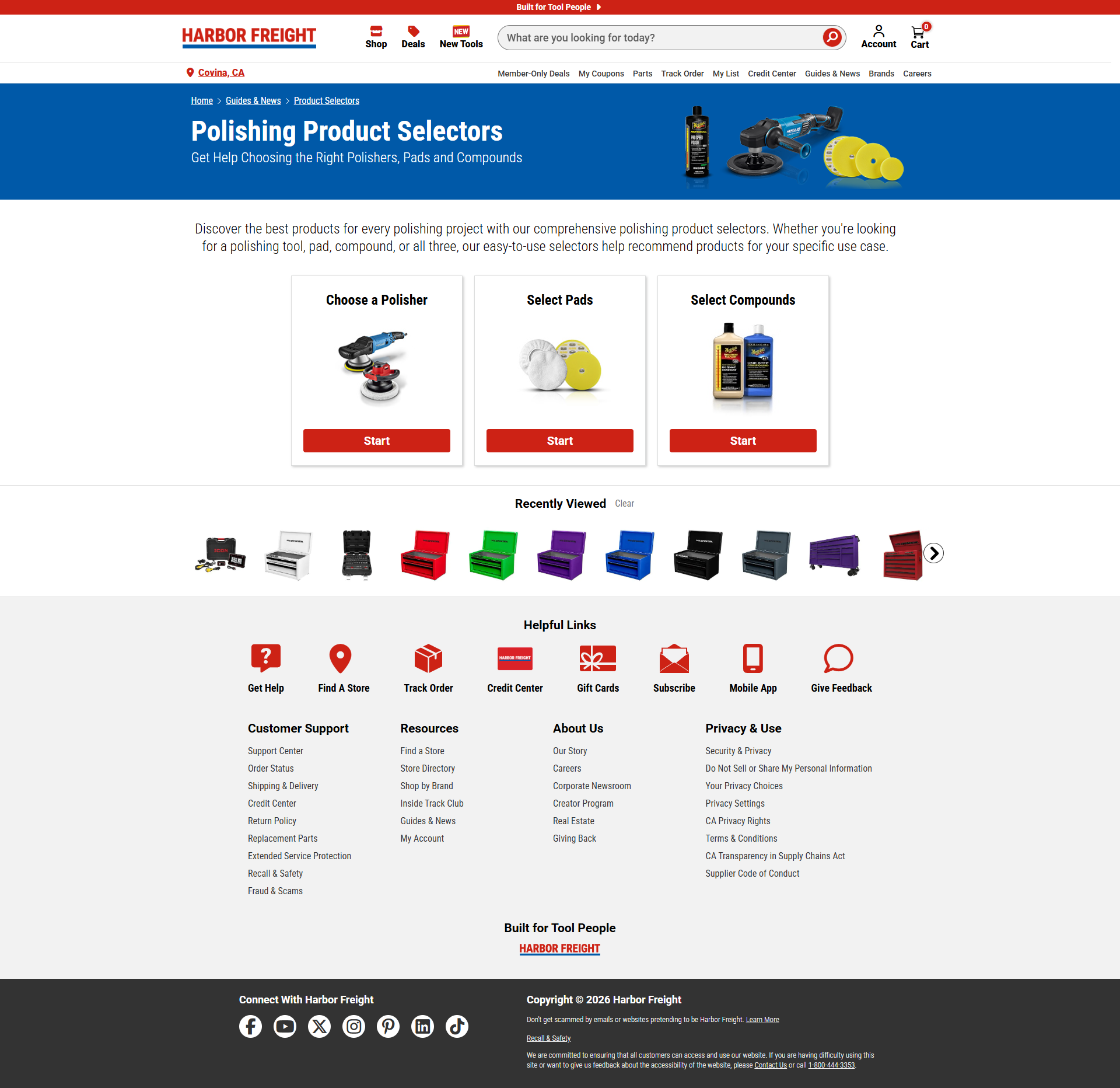 Polishing product selector landing page with choices for polishers, pads, and compounds.