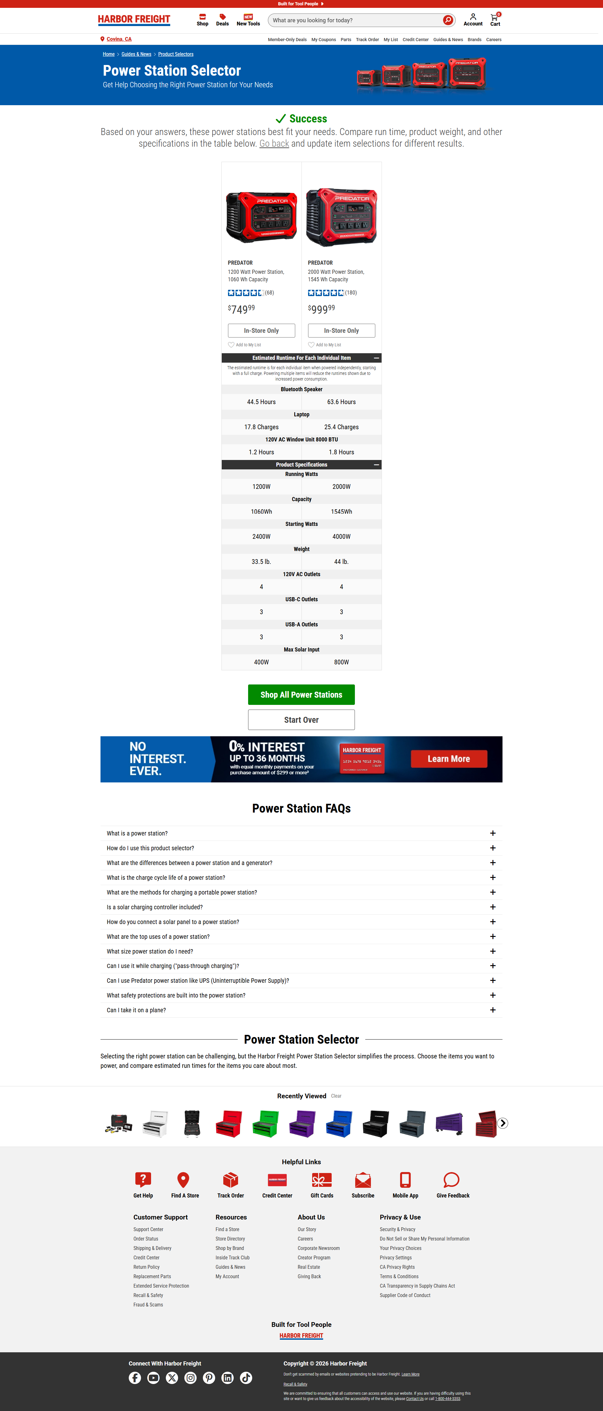 Power station results comparing two products, estimated runtimes, and specifications.
