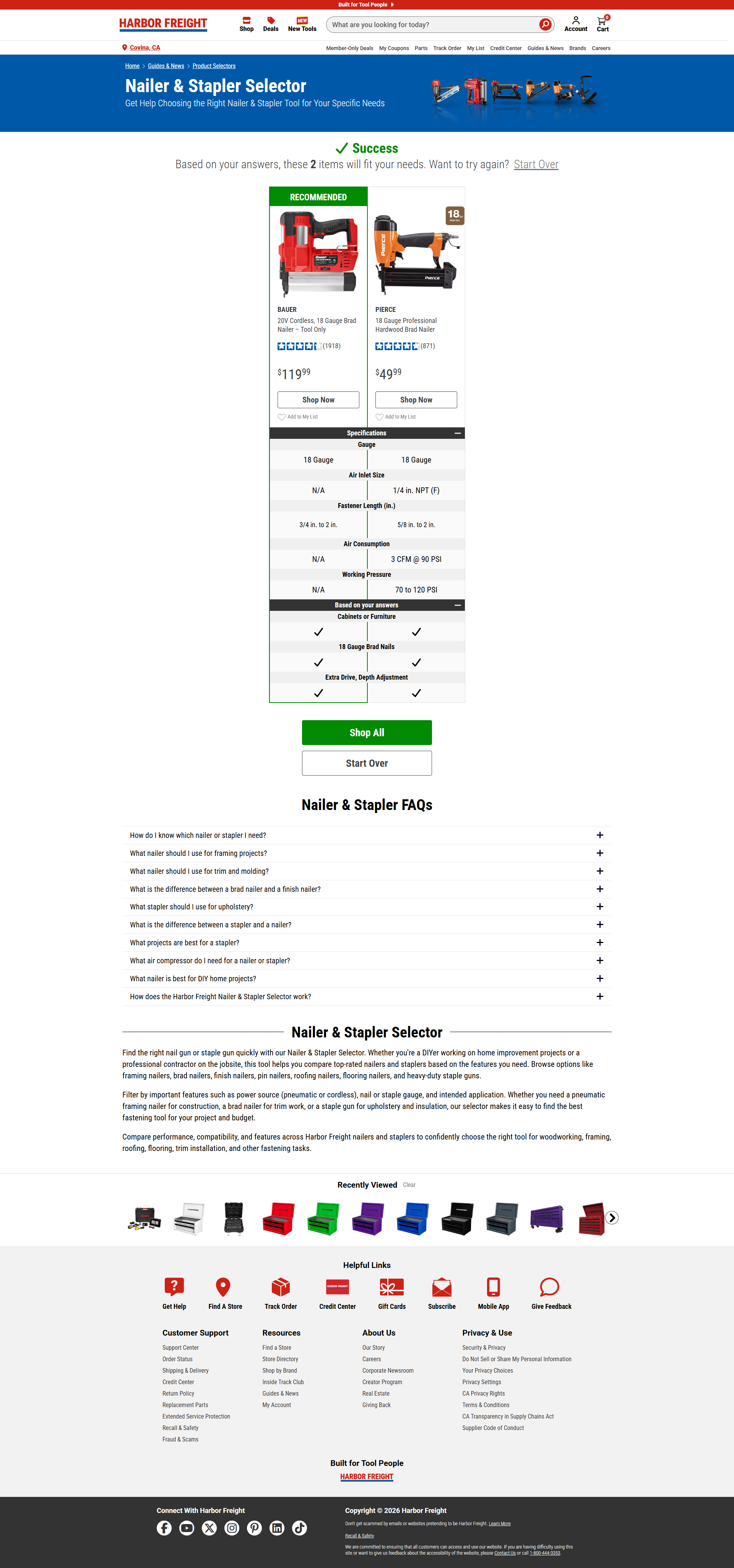 Nailer and stapler results comparing two tools, specifications, and features matching the selected needs.