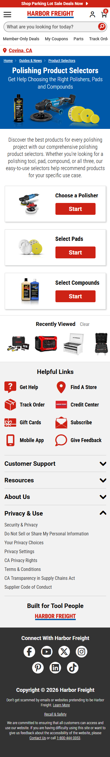 Mobile polishing selector landing page with stacked choices for polishers, pads, and compounds.