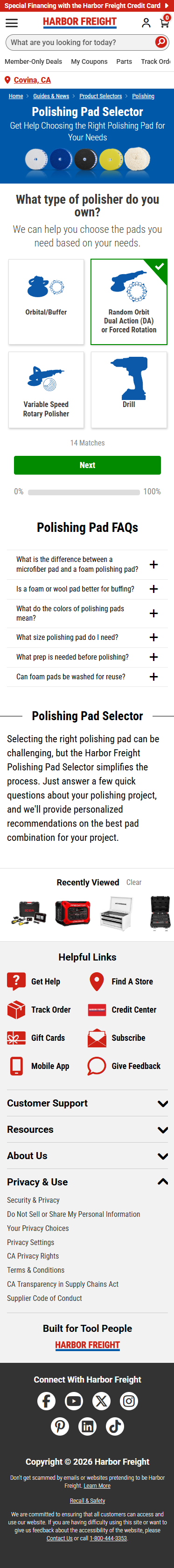 Mobile polishing pad selector with polisher types in a two-column grid and random orbit selected.