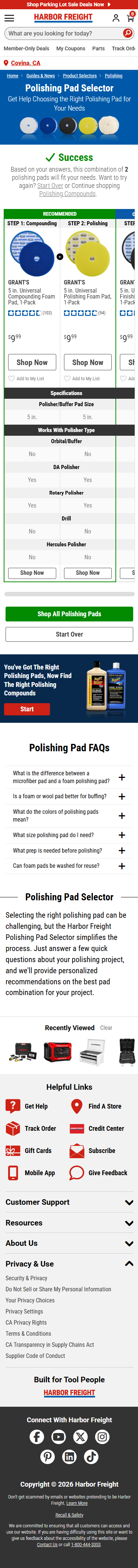 Mobile polishing pad results with recommended pads, a partially visible optional pad, and a comparison table.