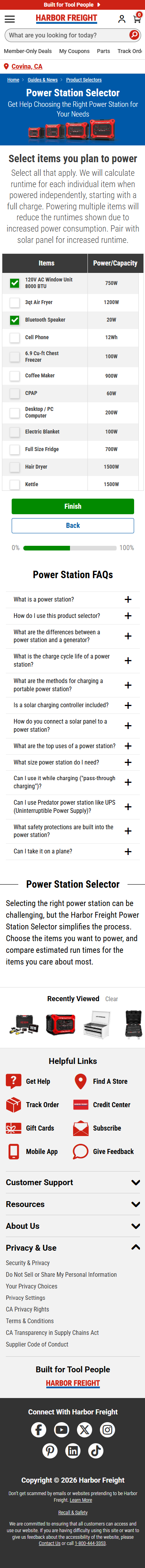 Mobile power station selector with an item checklist, selected items, and stacked Finish and Back controls.