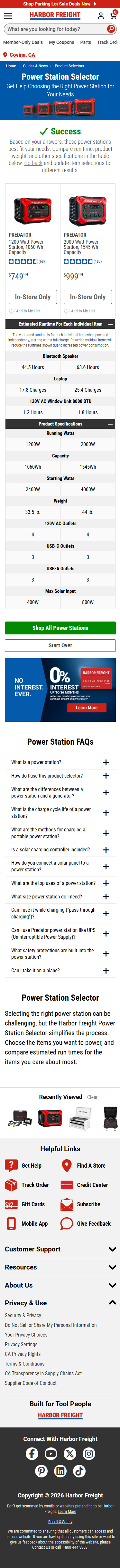 Mobile power station results with two products and a comparison of runtimes and specifications.