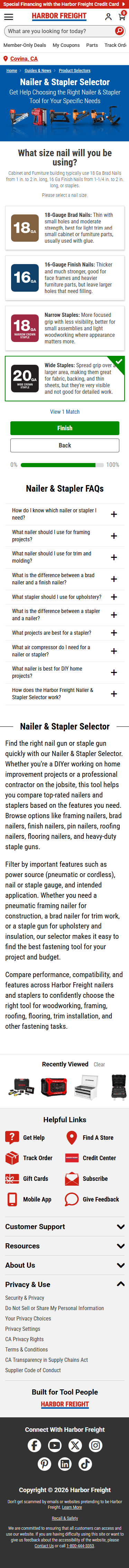Mobile nailer and stapler selector with wide staples selected and a Finish button.