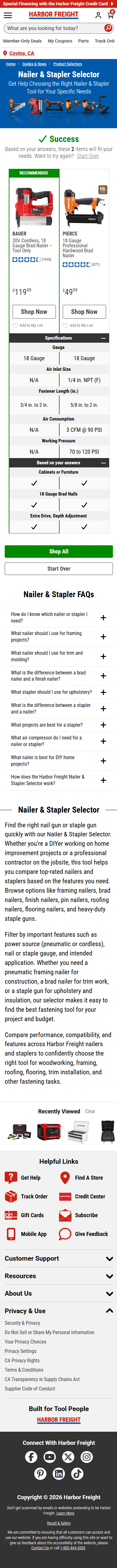 Mobile nailer and stapler results comparing two tools, specifications, and matching features.