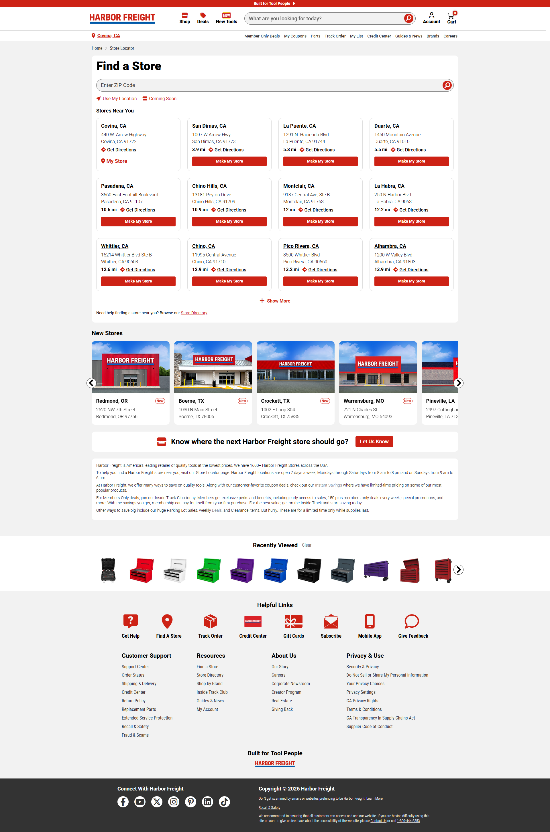 Store locator with ZIP code search, nearby store cards, directions, preferred-store controls, and new stores.