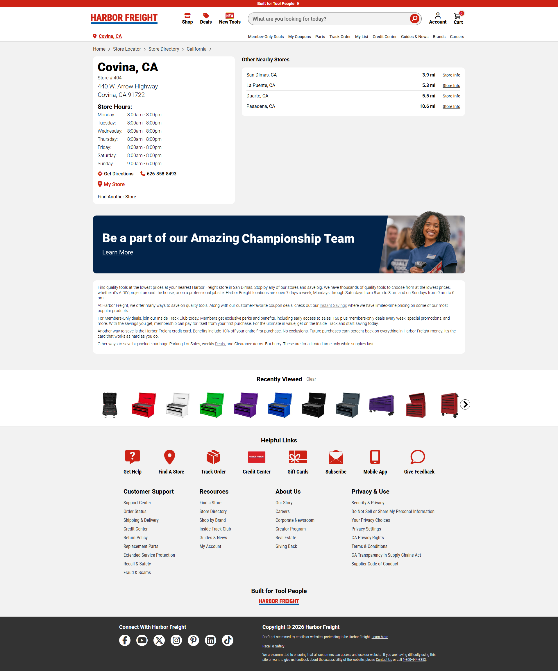 Store detail page with address, opening hours, directions, phone contact, and nearby stores.