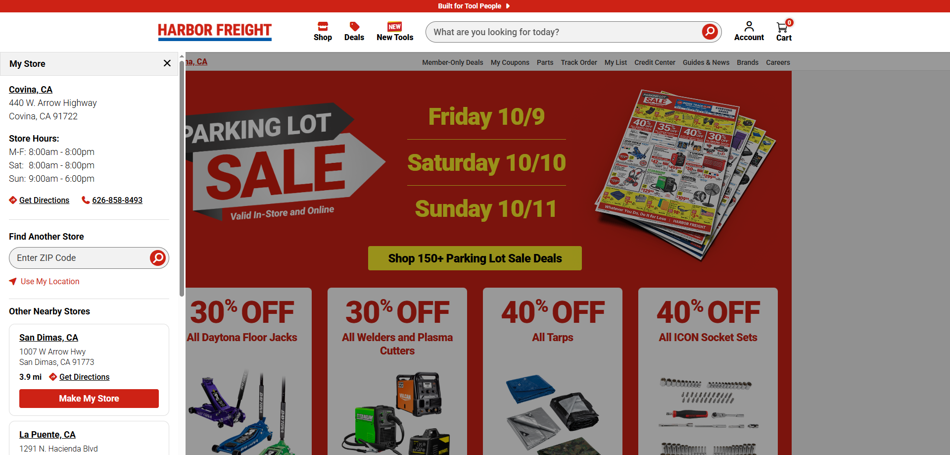 My Store drawer over the homepage with store details, ZIP code search, and nearby store choices.