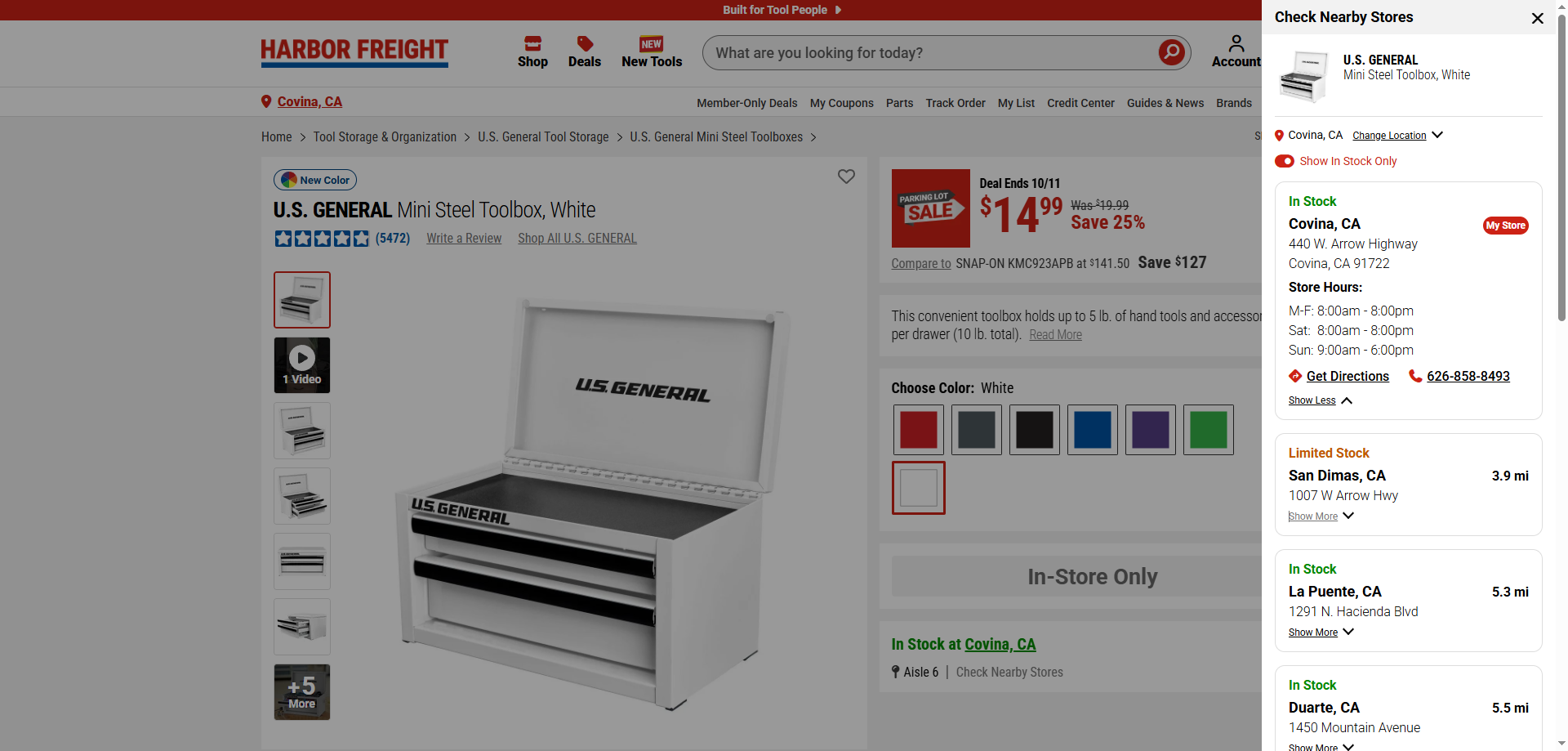 Nearby-store inventory drawer over a product page with stock statuses, a stock filter, and expanded store details.