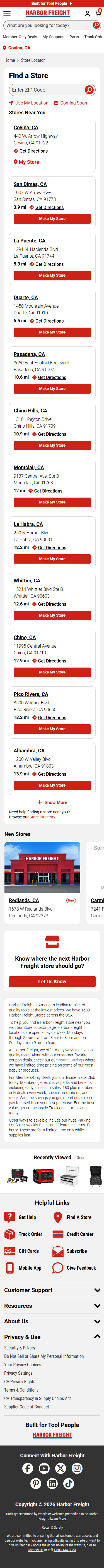 Mobile store locator with ZIP code search, a vertical list of nearby stores, and a new-store gallery.