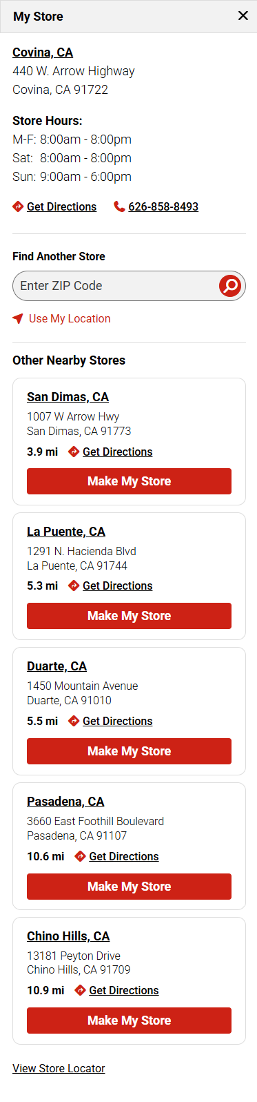 Mobile My Store panel with store details, directions, ZIP code search, and nearby store choices.