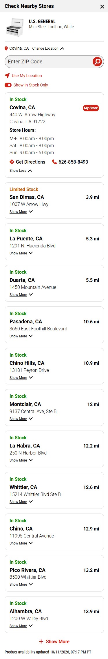 Mobile nearby-store inventory panel with expanded location search, a stock filter, and a vertical list of stock statuses and store details.